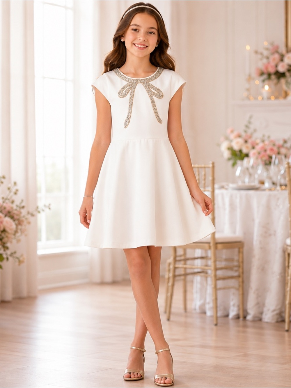 Hannah Banana Tween Special Occasion Dress w/ Beaded Bow Neckline, MSRP $68, 16
